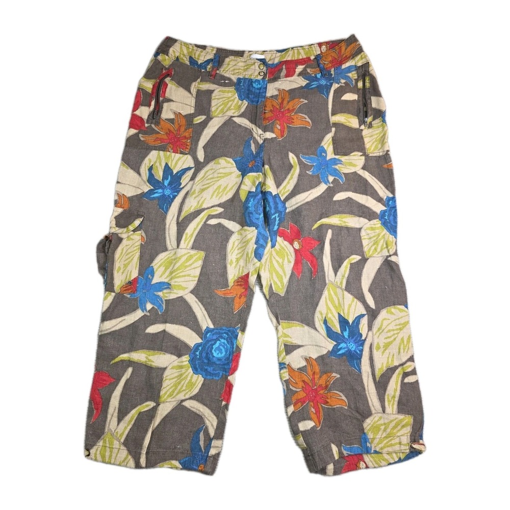 Chico's Linen Tropical Floral Cargo Crop Beach Resort Vacation  Vibrant Pants
